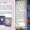 Two pages from Magical Dimensions Oracle Cards and Activators by Schiffer Publishing, Ltd.: The left page features The Galactic Family, Chakras/Crystals, and four illustrated affirmation cards; the right shows Sacred Color Rays, a fiery phoenix, and a fairy-like woman.
