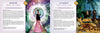 Two illustrated cards from Magical Dimensions Oracle Cards and Activators by Schiffer Publishing, Ltd.: One features a girl in a pink dress near a glowing portal in a magical forest; the other shows treasure, gold coins, a dragon, and a man with valuables.