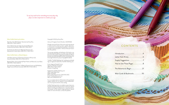 A close-up of "Mixed-Media Adventures with Kristy Rice" by Schiffer Publishing, Ltd. reveals soothing watercolor designs—ideal for moments of creative relaxation.