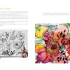 On the left, black ink floral doodles fill a sketchbook page; on the right, "Mixed-Media Adventures with Kristy Rice" by Schiffer Publishing, Ltd. showcases vibrant layered blooms—an inspiring display of creative relaxation.