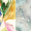 Vertical abstract watercolor artwork: vivid blue, green, yellow, pink, and orange strokes on the left; soft, muted tones on the right—ideal inspiration for creative relaxation with Schiffer Publishing’s "Mixed-Media Adventures with Kristy Rice.