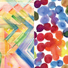 Split image: Left side shows pastel geometric watercolor patterns; right side features vibrant watercolor circles—both evoking the creative relaxation found in Schiffer Publishing, Ltd.'s "Mixed-Media Adventures with Kristy Rice.