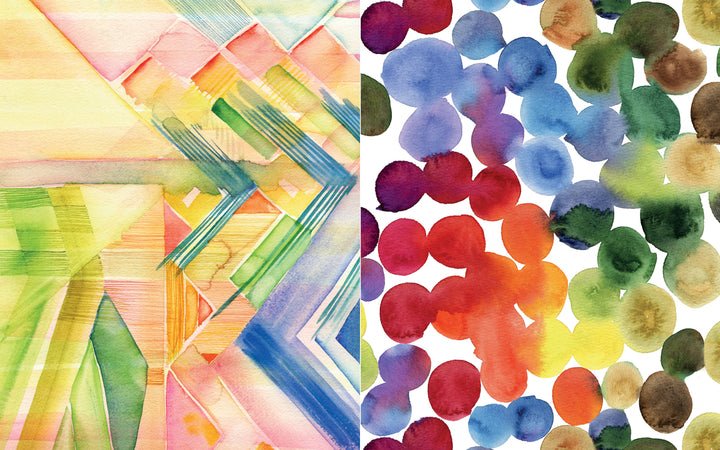 Split image: Left side shows pastel geometric watercolor patterns; right side features vibrant watercolor circles—both evoking the creative relaxation found in Schiffer Publishing, Ltd.'s "Mixed-Media Adventures with Kristy Rice.