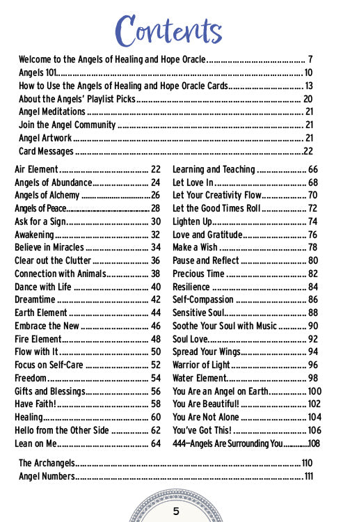 The Angels of Healing and Hope Oracle by Schiffer Publishing, Ltd. features a contents page listing chapters like Angels 101, Card Messages, Healing, and Self-Compassion—ideal for those seeking guidance with angels and oracle cards.