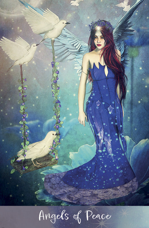 A fantasy illustration of a serene angel with long red hair and blue wings, in a flowing blue gown by a dove-held swing, evokes healing and peace—perfect for the Angels of Healing and Hope Oracle by Schiffer Publishing, Ltd.