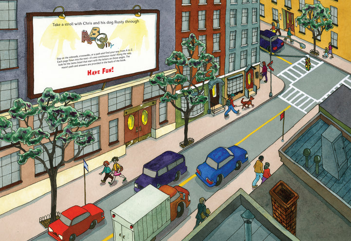 ABCity by Schiffer Publishing, Ltd. captures a vibrant city street maze with people, cars, and trees—just like a seek-and-find game. Spot a man walking his dog near the crosswalk as others enjoy their day in this lively urban scene.