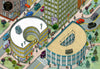 ABCity by Schiffer Publishing, Ltd. offers a bird’s-eye view of a city maze with G- and D-shaped buildings, busy sidewalks, cars, trees, billboards, and a park—ideal for seek-and-find fun.