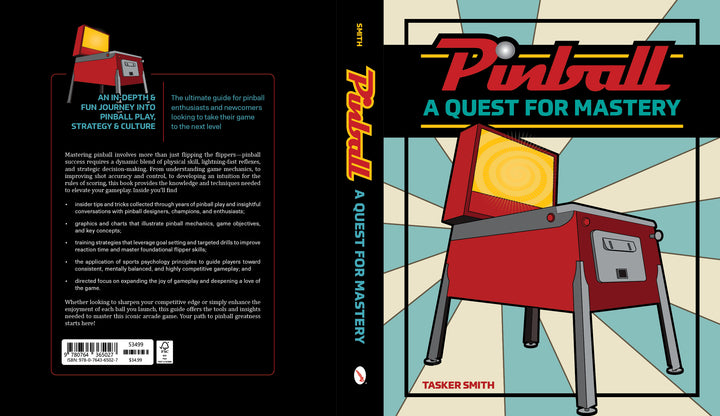 Book cover and back for Pinball by Schiffer Publishing, Ltd., featuring a retro red pinball machine on a radiant blue and beige background—the perfect guide for mastering the game.