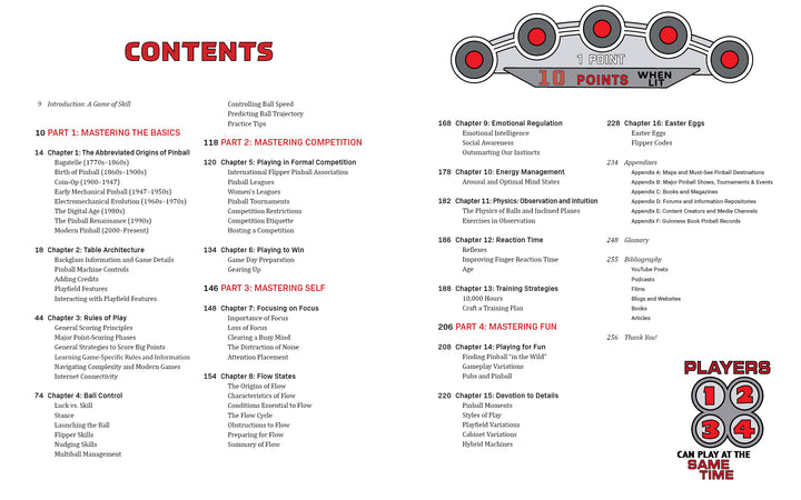 Image of Pinball by Schiffer Publishing, Ltd.: table of contents features four sections—Mastering the Basics, Competition, Self, and Fun. Red/black text, player numbers, and a pinball score display graphic show paths to pinball mastery.