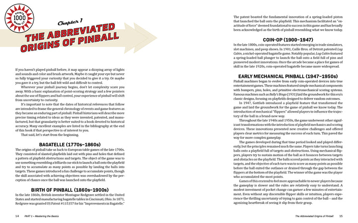 A two-page spread in Schiffer Publishing, Ltd.'s Pinball features chapter headings, red and black section titles, and columns detailing pinball's history and techniques from the 1770s to the 1950s.