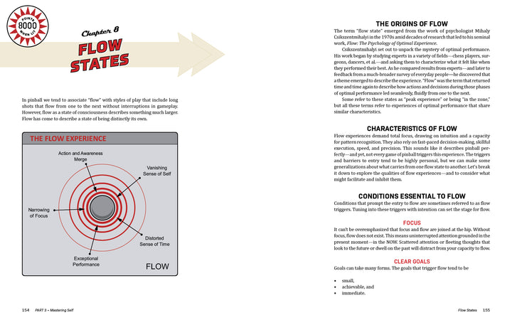 A diagram in Pinball by Schiffer Publishing, Ltd. shows flow at the center, with zones for peak performance—perfect for mastering pinball. Arrows illustrate intense focus and loss of time or self; text explains entering flow states.