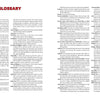 A two-page spread from Pinball by Schiffer Publishing, Ltd. displays a glossary of snowboarding terms and pinball techniques, with bolded terms and definitions in two columns per page; "GLOSSARY" appears at the top in red.