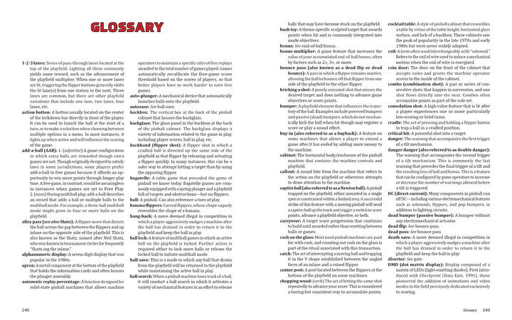 A two-page spread from Pinball by Schiffer Publishing, Ltd. displays a glossary of snowboarding terms and pinball techniques, with bolded terms and definitions in two columns per page; "GLOSSARY" appears at the top in red.