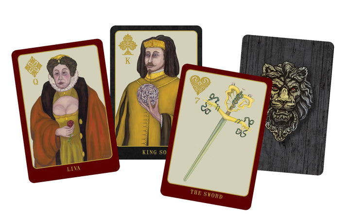 Four playing cards from The Doors of Somlipith by Schiffer Publishing, Ltd. are displayed: “Liva” (queen), “King Sol,” “The Sword,” and a lion on a dark background—ideal for a mystical, esoteric card reading.