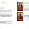 A two-page spread from The Doors of Somlipith by Schiffer Publishing, Ltd. features illustrated character cards and descriptions of Fire Realm dignitaries—Lady Séraphine, Jack Dango, Queen Livia, and King Leo—drawing from mystical tarot and card symbolism.