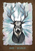 The Everglow by Schiffer Publishing, Ltd. features a tarot-style card depicting a radiant stag with antlers, symbolizing hope and power. The number 17 is in the corner, and HOPE / DESPAIR appears at the bottom on a textured brown background.