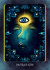 A mystical face with closed eyes, blue patterns, stars, and a glowing third eye radiating light appears above “Intuition”—an inspiring scene from the Higher Self Oracle by Schiffer Publishing, Ltd.
