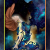 A woman with flowing hair and glowing tattoos kneels as blue and purple energy swirl around her, forming a mystical figure. Inspired by the Higher Self Oracle from Schiffer Publishing, Ltd., "TRANSFORMATION" appears at the bottom.