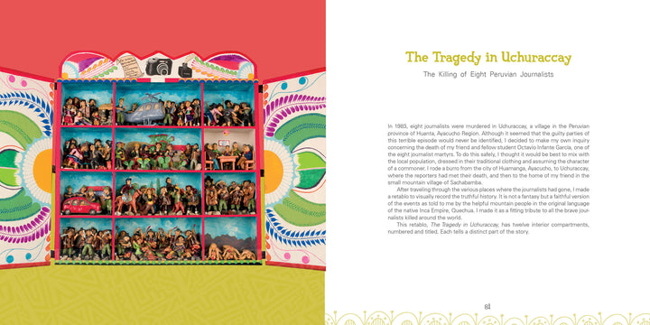 The Retablos of Jeronimo Lozano by Schiffer Publishing, Ltd. features illustrated dioramas inspired by Ayacucho retablos; vibrant left scenes evoke Lozano's style, while the right side details The Tragedy in Uchuraccay and the killing of eight journalists.