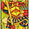 Illustration from The Grand Universal Tarot by Schiffer Publishing, Ltd. depicts the King of Wands in Marseille style—a crowned man in vibrant robes sits on a throne, holding a wand and gazing confidently against a bright green background.