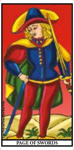 The Grand Universal Tarot by Schiffer Publishing, Ltd. features a Page of Swords card with a young person in a blue jacket, red pants, yellow hat, and long blonde hair, holding an upright sword—an inspiring choice for divination.