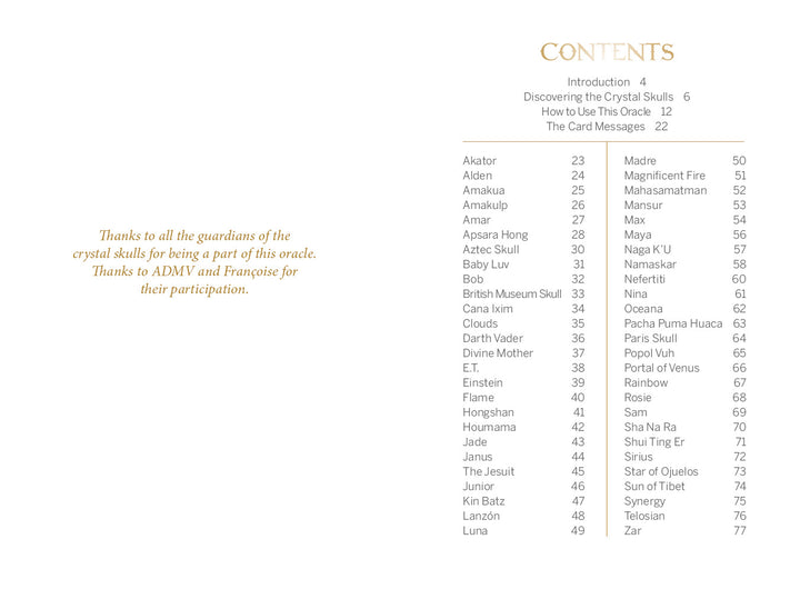 A table of contents page for "Oracle of the Crystal Skulls" by Schiffer Publishing, Ltd., listing topics and pages. Centered in orange text is a quote thanking the guardians of crystal skulls and acknowledging ADMV and Françoise for their guidance.