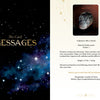 An open book from Schiffer Publishing, Ltd.'s "Oracle of the Crystal Skulls" displays a starry left page with "The Card Messages" and a right page showing a crystal skull, its details, and a quote on love’s link to spiritual evolution.