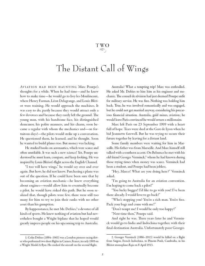 A page from Schiffer Publishing, Ltd.’s "Raoul Lufbery and Marc Pourpe" features a prominent heading, two footnoted quotes, and text on Pourpe’s passion for flight, early aviators' stories, and links to the Lafayette Escadrille.
