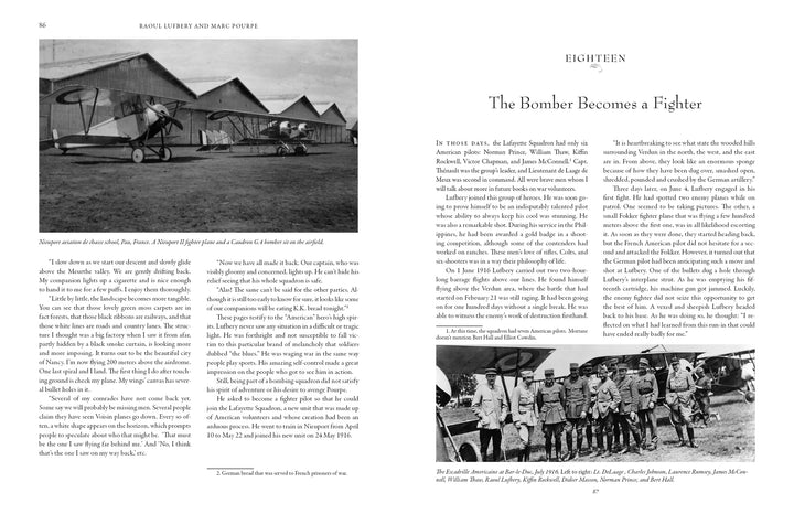 A black-and-white spread from "Raoul Lufbery and Marc Pourpe" by Schiffer Publishing, Ltd. shows vintage WWI biplanes, Raoul Lufbery with other aviators, and text discussing the transition from bombers to fighters.
