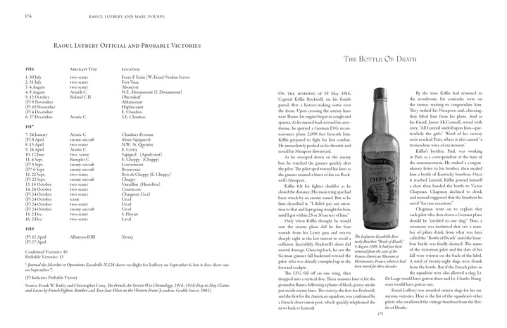 In "Raoul Lufbery and Marc Pourpe" by Schiffer Publishing, Ltd., one page lists Lufbery’s Lafayette Escadrille victories; the other presents an essay, “The Bottle of Death,” plus a photo of a vintage brandy bottle. Marc Pourpe is noted among fellow aviators.