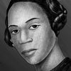 A grayscale digital illustration from "Heroines of Horticulture" by Schiffer Publishing, Ltd. depicts a poised woman with sleek, side-parted hair and a calm expression, honoring influential North American women in horticulture. Softly shaded background.
