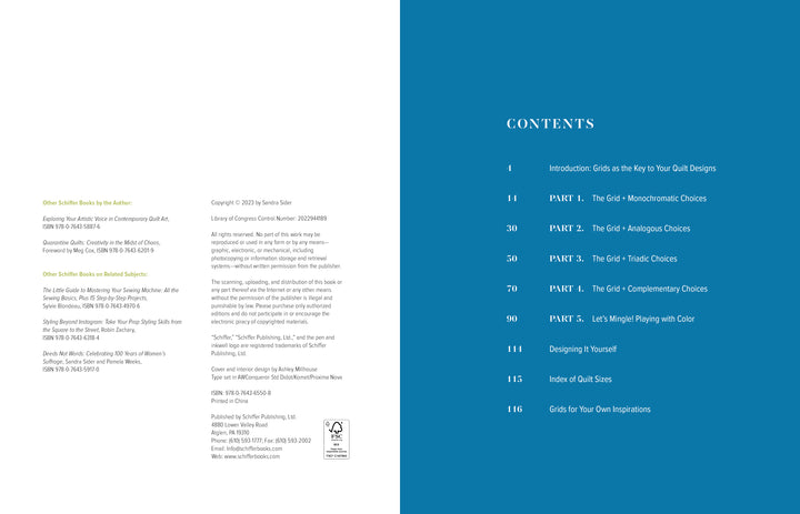 A spread from Schiffer Publishing, Ltd.’s "The Quilting Power Grid" shows a white left page with publication info and related titles, and a blue right page labeled CONTENTS, listing geometric modern quilt chapters and page numbers vertically.