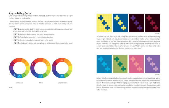 A two-page spread from Schiffer Publishing’s "The Quilting Power Grid" features color wheels labeled analogous, triadic, and complementary, diagrams of geometric quilts, and advice on using color theory in quilt design.