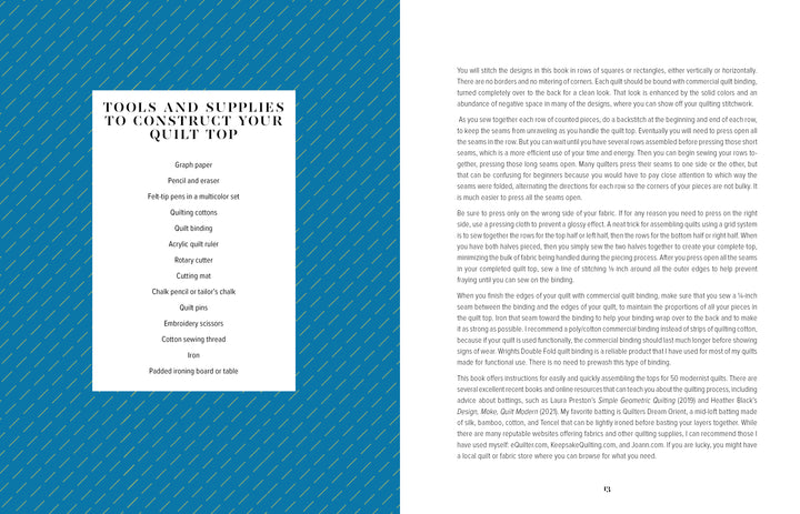 A two-page spread from Schiffer Publishing, Ltd.'s "The Quilting Power Grid" shows a blue patterned left page listing quilting tools, while the right page offers a quilt design guide with geometric modern quilt instructions in black serif font.