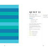 On the left, a striped quilt in blue and green; on the right, Schiffer Publishing’s "The Quilting Power Grid" features Quilt 11 with materials list and assembly notes—ideal for geometric modern quilt enthusiasts.