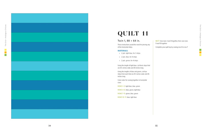On the left, a striped quilt in blue and green; on the right, Schiffer Publishing’s "The Quilting Power Grid" features Quilt 11 with materials list and assembly notes—ideal for geometric modern quilt enthusiasts.