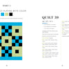 On the left, The Quilting Power Grid by Schiffer Publishing, Ltd. features a geometric quilt block with blue, black, light green, and cream checkerboards; on the right, instructions and a color key guide template-free quilting.