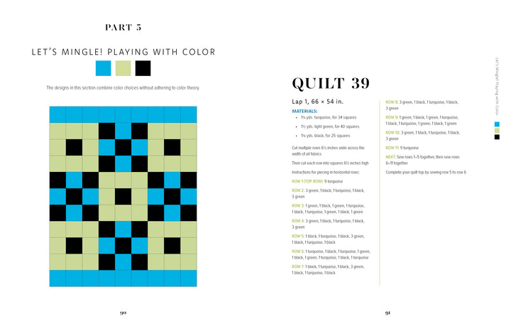 On the left, The Quilting Power Grid by Schiffer Publishing, Ltd. features a geometric quilt block with blue, black, light green, and cream checkerboards; on the right, instructions and a color key guide template-free quilting.
