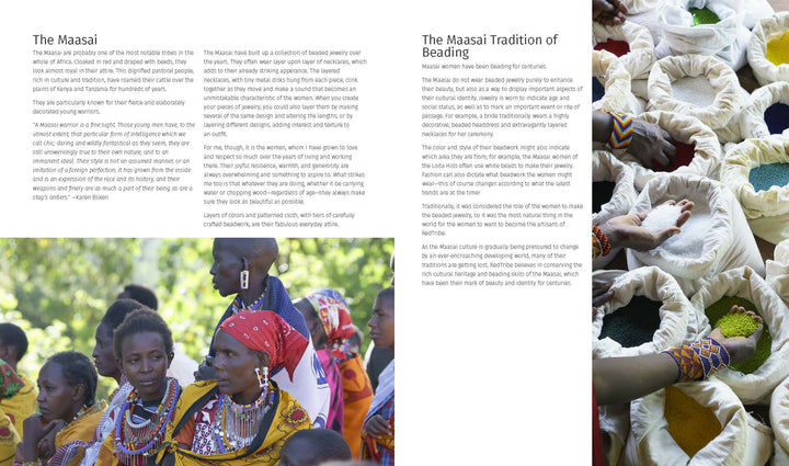 Maasai women in vibrant beadwork gather outdoors, with close-ups of beading hands and finished pieces. Informative text highlights "Contemporary Maasai Beading" by Schiffer Publishing, Ltd.