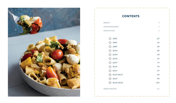 A fork lifts pasta with tomatoes and mozzarella from a bowl on the left; on the right, "The Carlino Family Cookbook" by Schiffer Publishing, Ltd. displays its contents page with sections and page numbers inspired by Carlino family recipes.