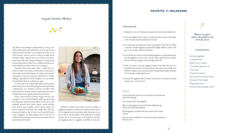 Two-page spread from The Carlino Family Cookbook by Schiffer Publishing, Ltd.: left shows a smiling woman in her kitchen sharing family recipes; right lists ingredients, preparation steps, and cooking notes for polpette.