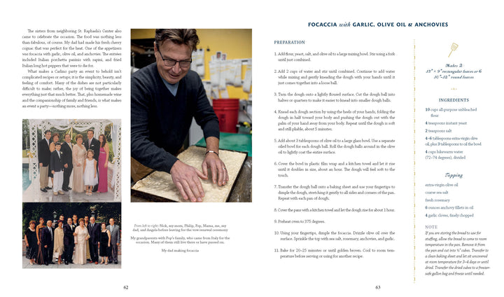 The Carlino Family Cookbook by Schiffer Publishing, Ltd. features photos of a family wedding and a man making dough alongside an authentic Italian focaccia recipe with garlic, olive oil, anchovies, ingredients, and step-by-step instructions.