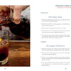 A close-up shows a hand pouring a dark liquid over ice and an orange peel. On the right, The Carlino Family Cookbook by Schiffer Publishing, Ltd., featuring family recipes, is displayed against a white background.
