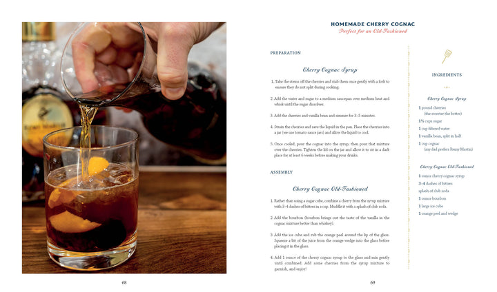A close-up shows a hand pouring a dark liquid over ice and an orange peel. On the right, The Carlino Family Cookbook by Schiffer Publishing, Ltd., featuring family recipes, is displayed against a white background.