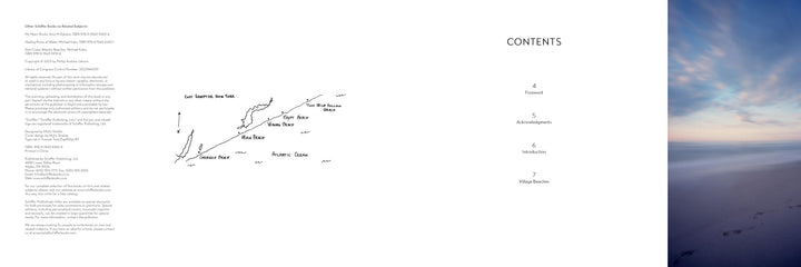 A two-page spread from "Village Beaches" by Schiffer Publishing, Ltd. shows a map, center table of contents (Foreword, Acknowledgements, Introduction, Village Stories), and a dreamy pinhole photo of East Hampton beaches.