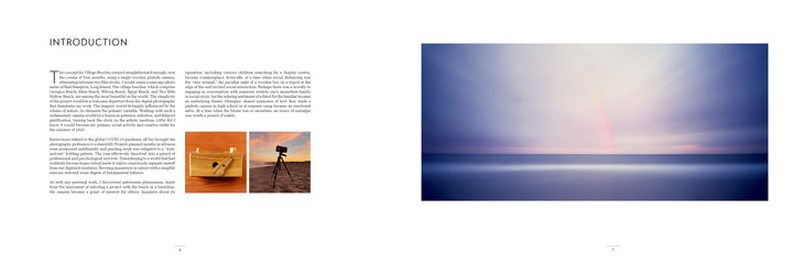 A spread from "Village Beaches" by Schiffer Publishing, Ltd.: left page shows text titled INTRODUCTION and two small camera photos (one on a tripod at sunset); right page displays a large, pastel seascape by an art photographer.