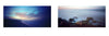 Side-by-side images from "Village Beaches" by Schiffer Publishing, Ltd.: a vivid blue-pink sunset over East Hampton beaches on the left; on the right, misty waves flow over mossy shoreline rocks in an artful, dreamy style.