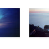 Side-by-side images from "Village Beaches" by Schiffer Publishing, Ltd.: a vivid blue-pink sunset over East Hampton beaches on the left; on the right, misty waves flow over mossy shoreline rocks in an artful, dreamy style.