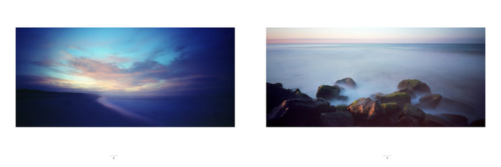 Side-by-side images from "Village Beaches" by Schiffer Publishing, Ltd.: a vivid blue-pink sunset over East Hampton beaches on the left; on the right, misty waves flow over mossy shoreline rocks in an artful, dreamy style.
