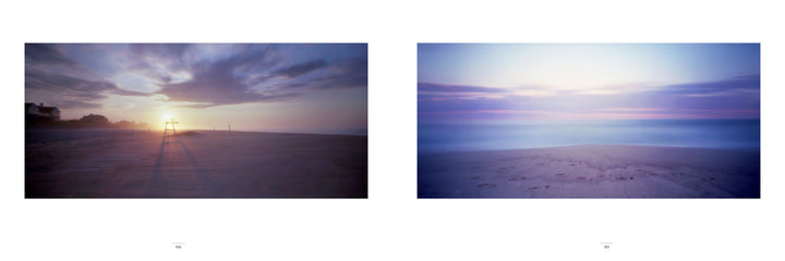 “Village Beaches” by Schiffer Publishing, Ltd. features two blurred beach scenes side by side—one with dramatic sunrise or sunset clouds, the other inspired by East Hampton beaches, showing a pastel sky and footprints in soft sand.